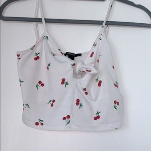 Cute white cherry tie front crop top